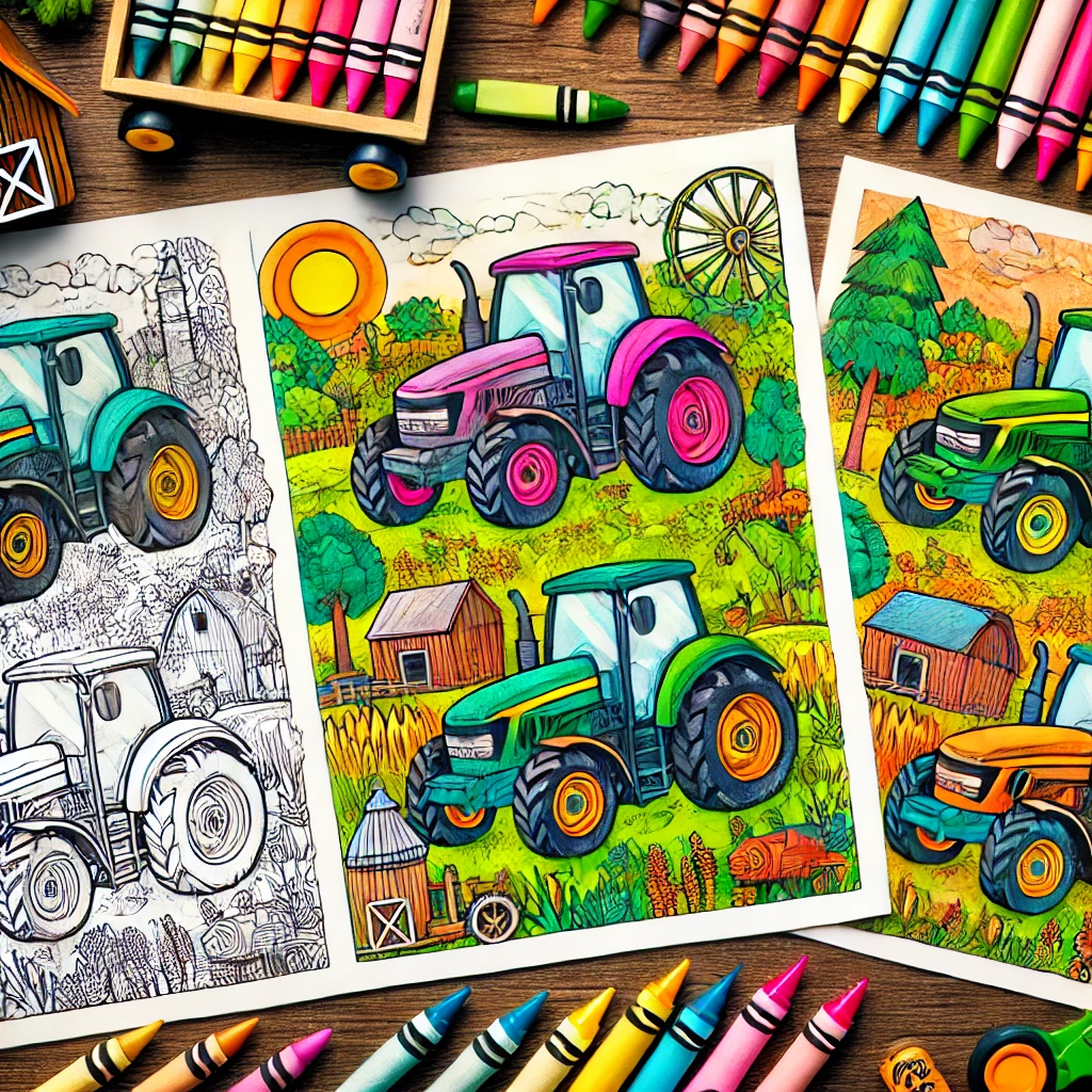Tractor coloring pages: cartoon farm scenes with cows and chickens and realistic tractors ploughing, free printable line art