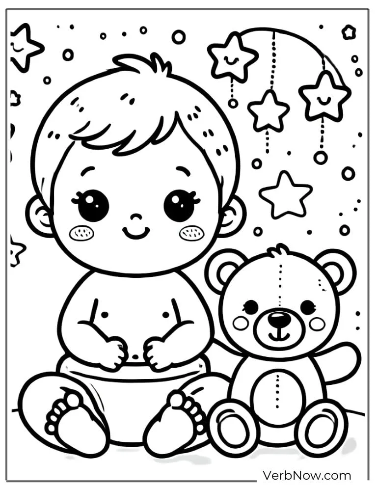 Baby sitting with teddy bear and hanging stars coloring page