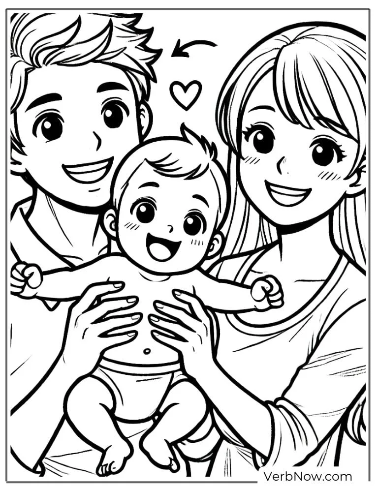Happy family holding baby together coloring page