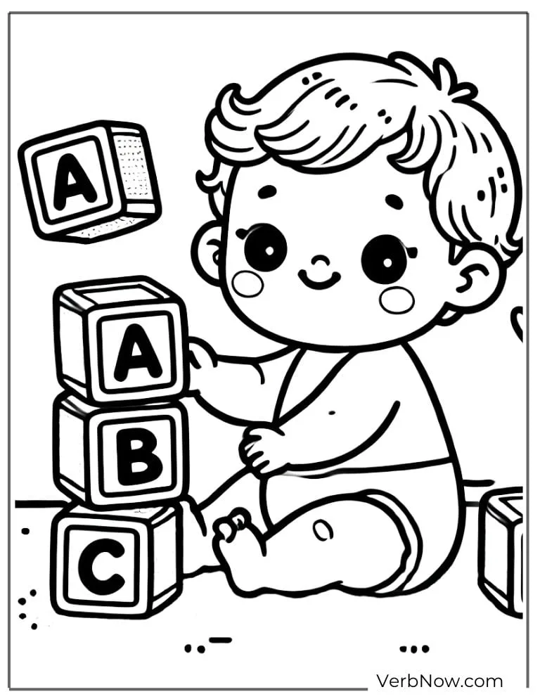 Baby playing with ABC letter blocks coloring page