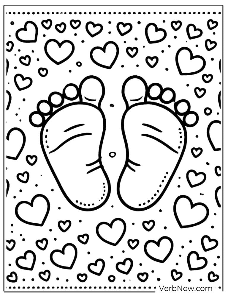 Baby footprints with hearts background coloring page