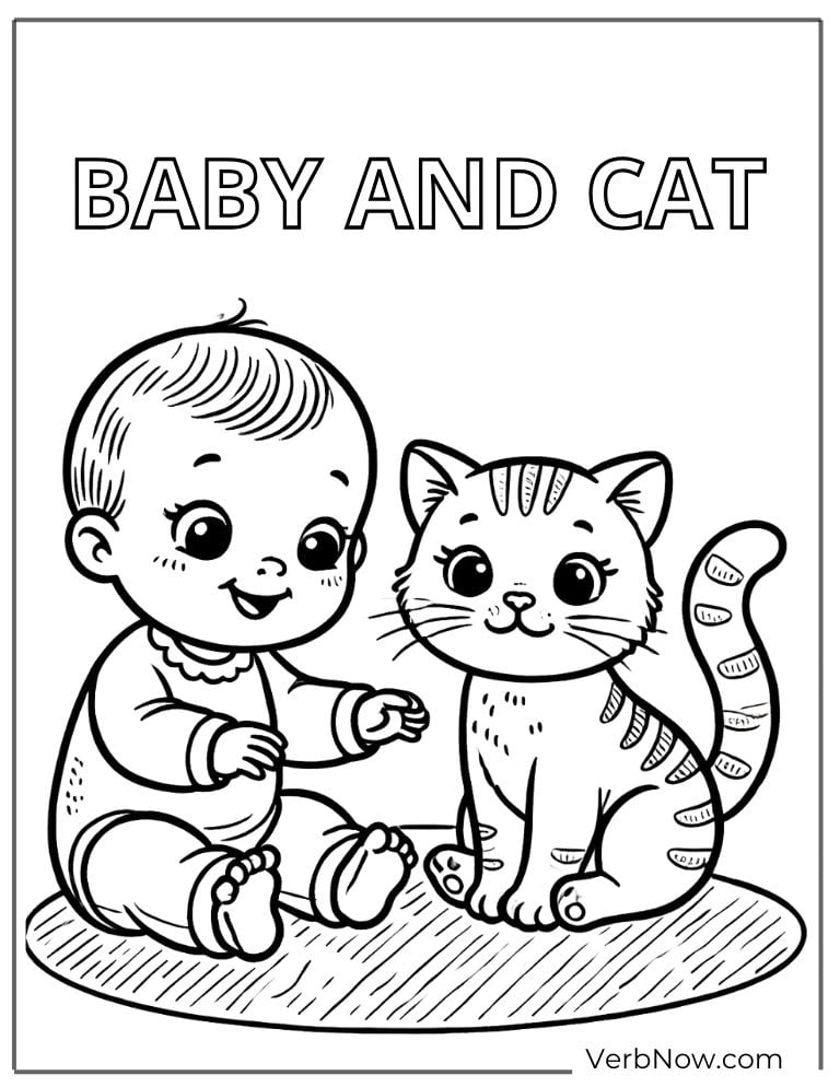 Baby playing with a cat with Baby and Cat text coloring page