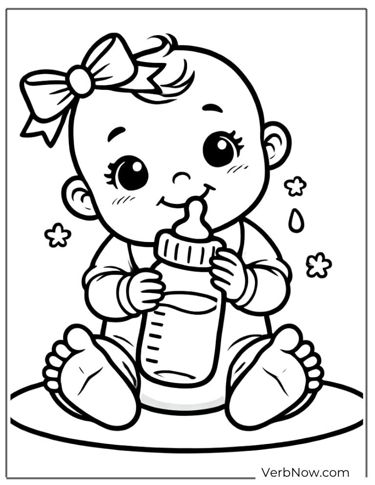 Baby girl with bow drinking from bottle coloring page
