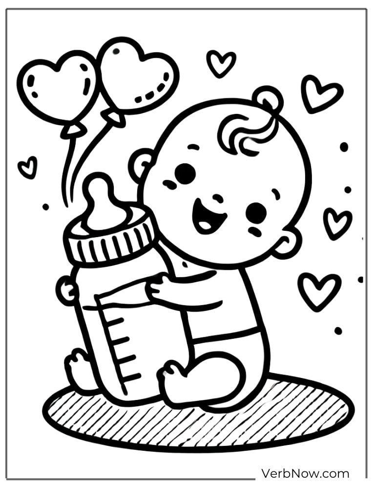 Happy baby holding milk bottle with heart balloons coloring page