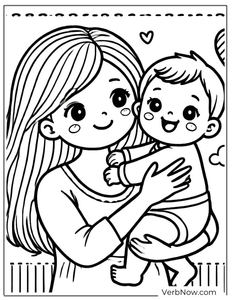 Mother holding and hugging happy baby coloring page