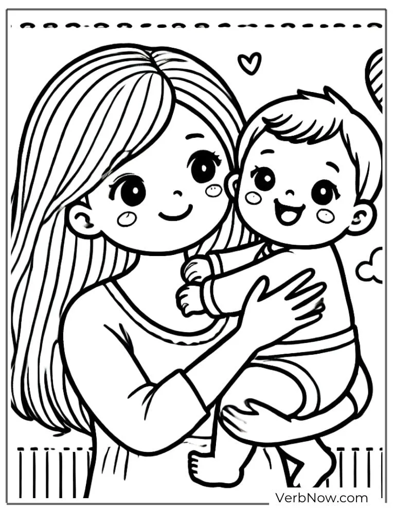 Mother holding and hugging happy baby coloring page
