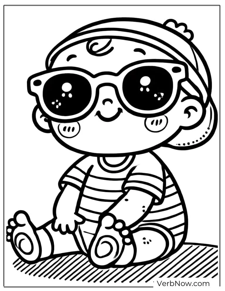 Cool baby wearing sunglasses and striped shirt coloring page