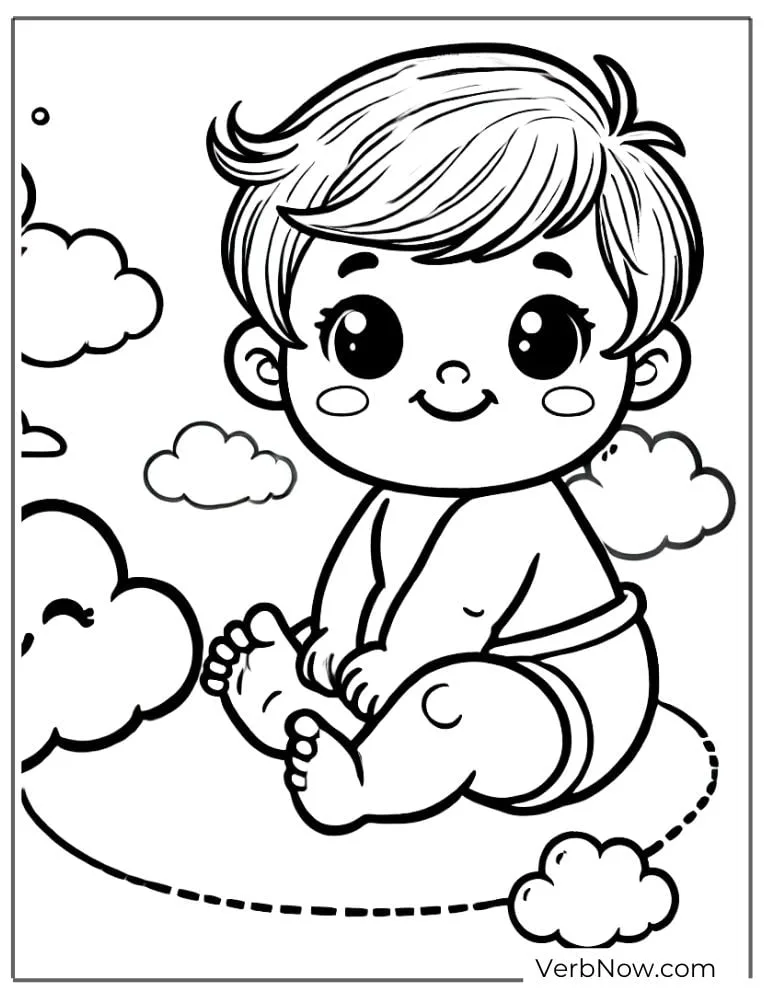 Smiling baby sitting on cloud with stars coloring page