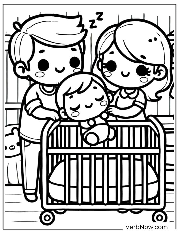 Parents watching over sleeping baby in crib coloring page