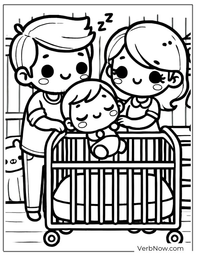Parents watching over sleeping baby in crib coloring page
