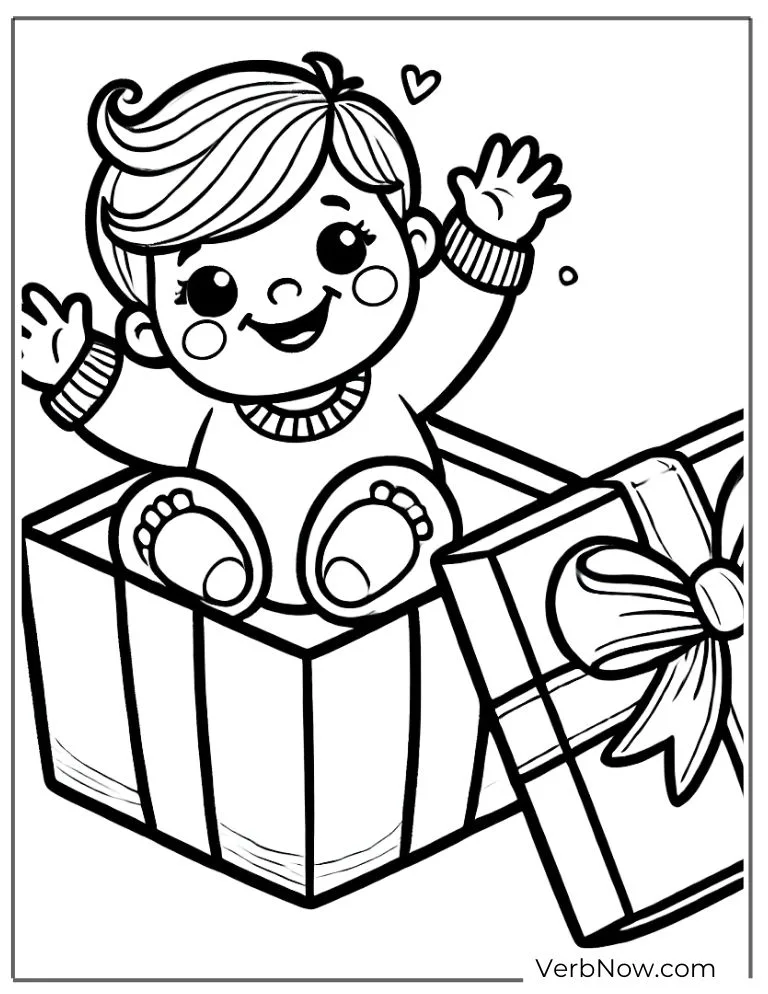 Baby popping out of gift box with bow coloring page