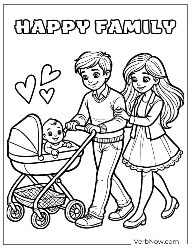 Parents pushing stroller with baby and Happy Family text coloring page

