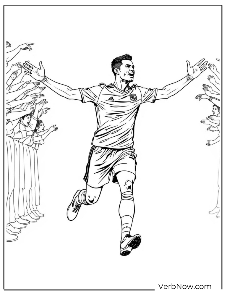Coloring sheets of Ronaldo celebrates surrounded by cheering fans