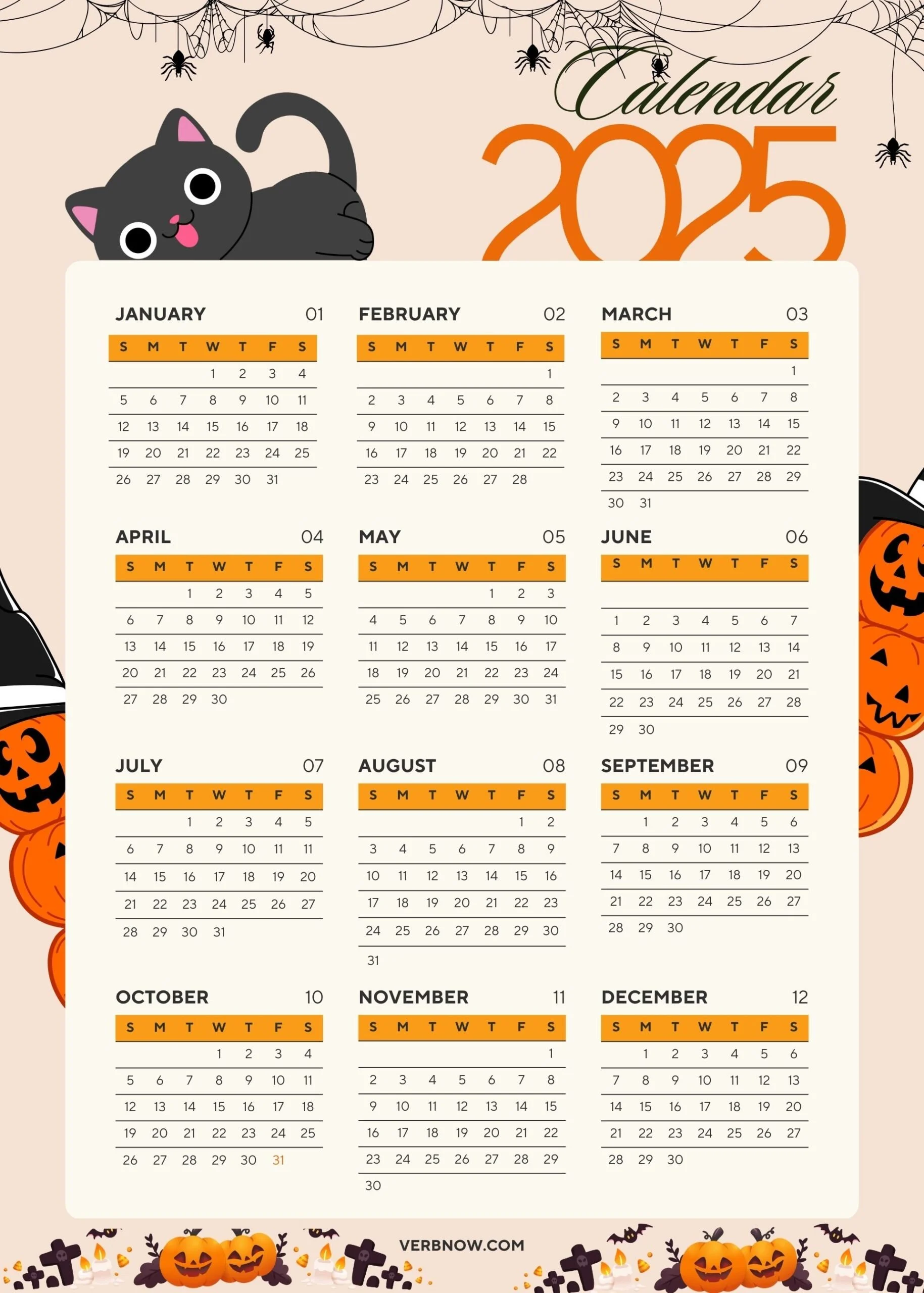2025 Year Calendar with Halloween theme