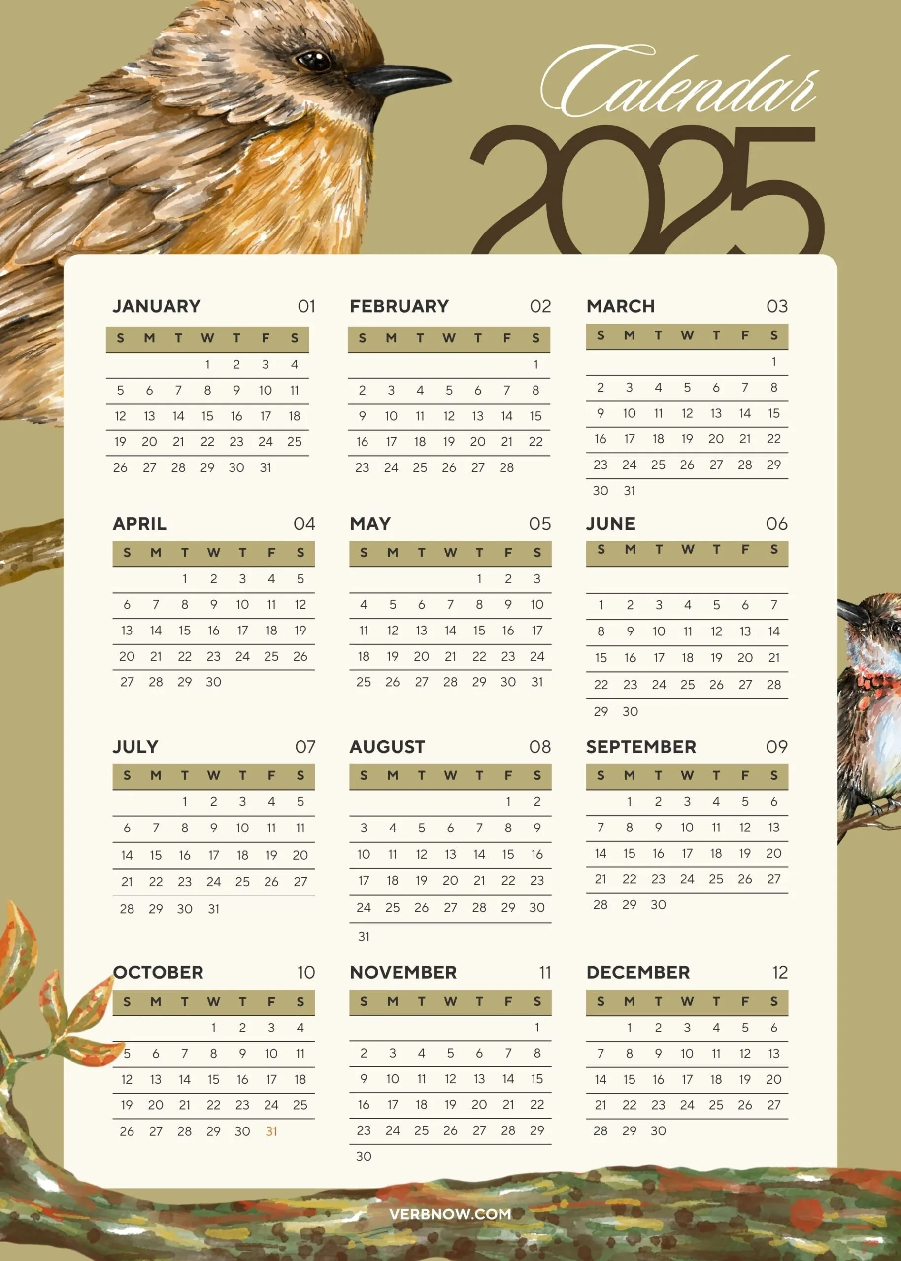 2025 Calendar with the beautiful voice of birds