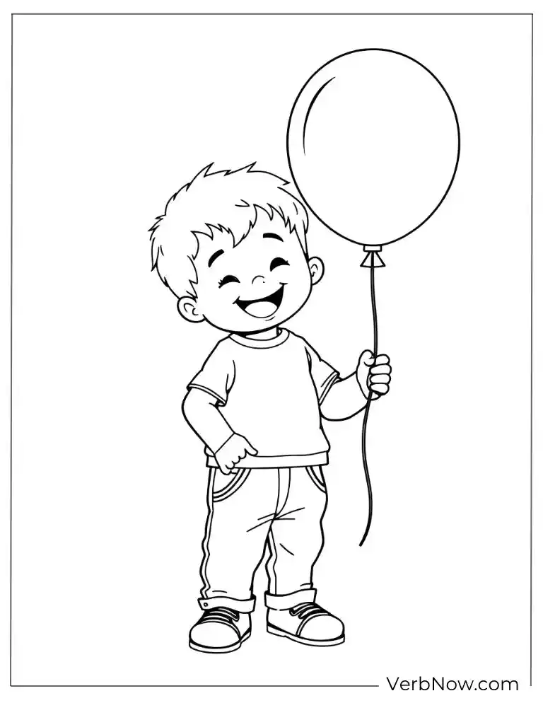 A coloring picture of baby boy holding a balloon