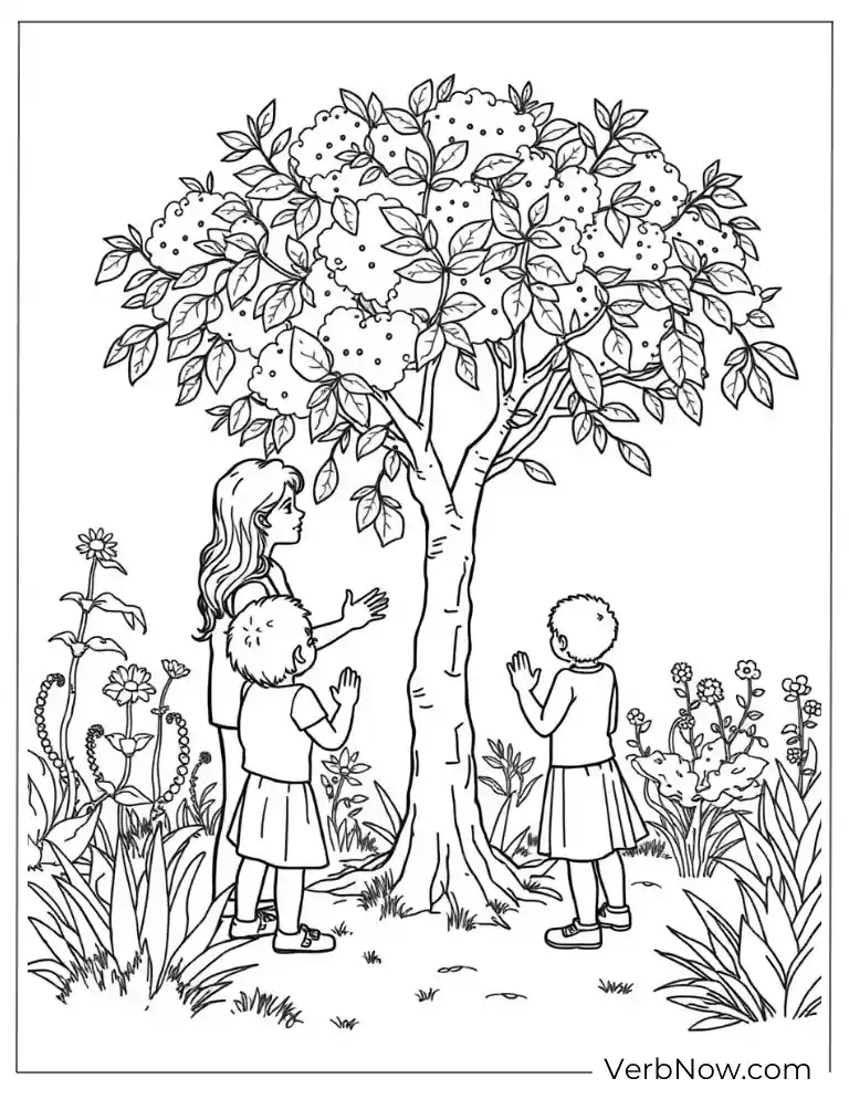 Children picking fruits from a tree arbor coloring page