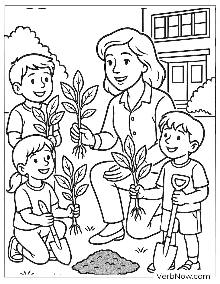 Teacher and students planting trees near a school arbor coloring page