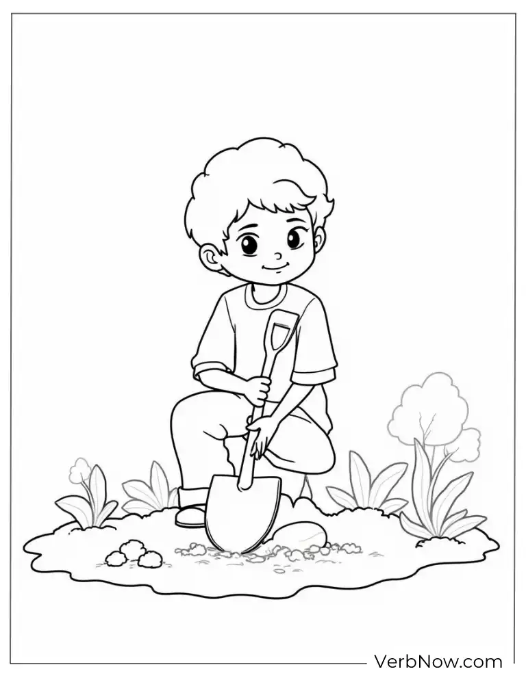 Boy digging soil to plant a tree arbor coloring page
