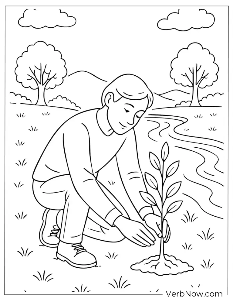Man planting a young tree in nature arbor coloring page