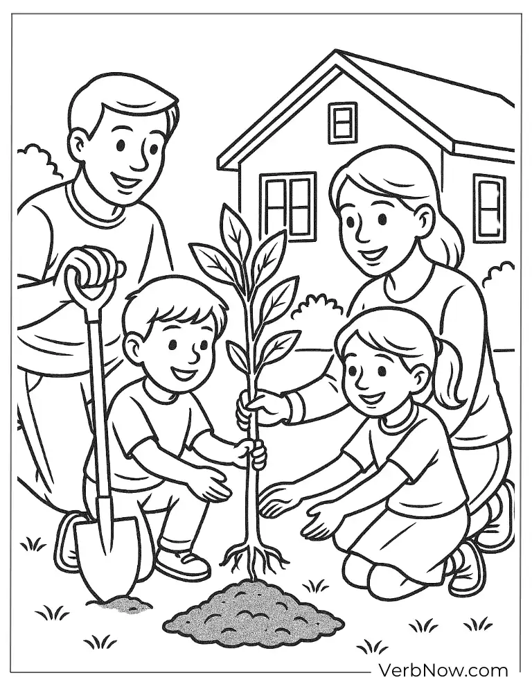 Family planting a tree together in the yard arbor coloring page