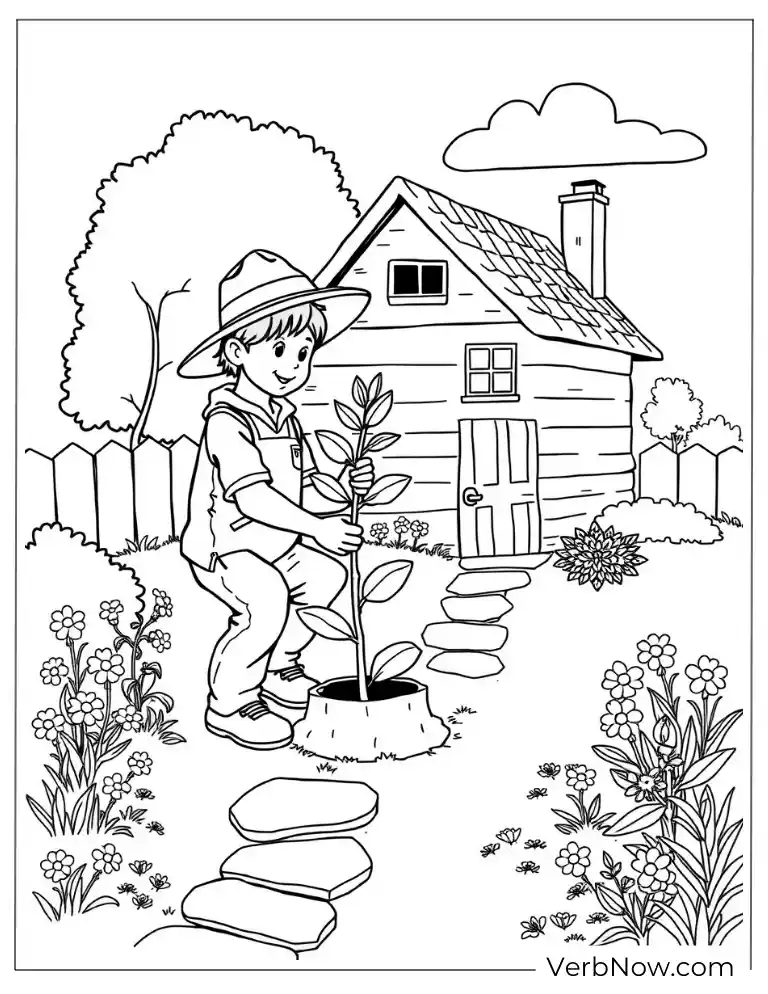 Boy planting a tree near a cozy house arbor coloring page
