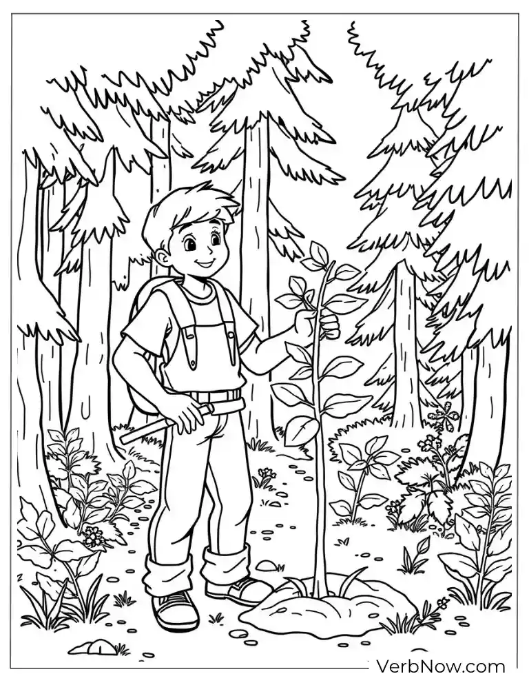 Boy planting a tree in the forest arbor coloring page