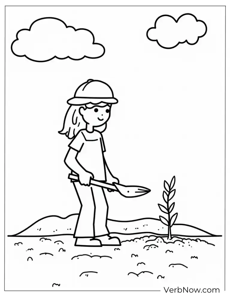Girl digging soil to plant a small tree arbor coloring page