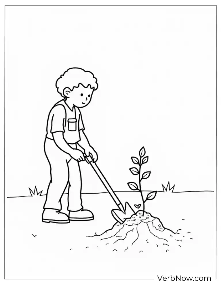 Boy planting a tiny sapling in the ground arbor coloring page