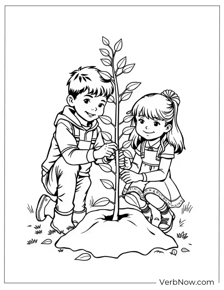 Two kids planting a young tree together arbor coloring page