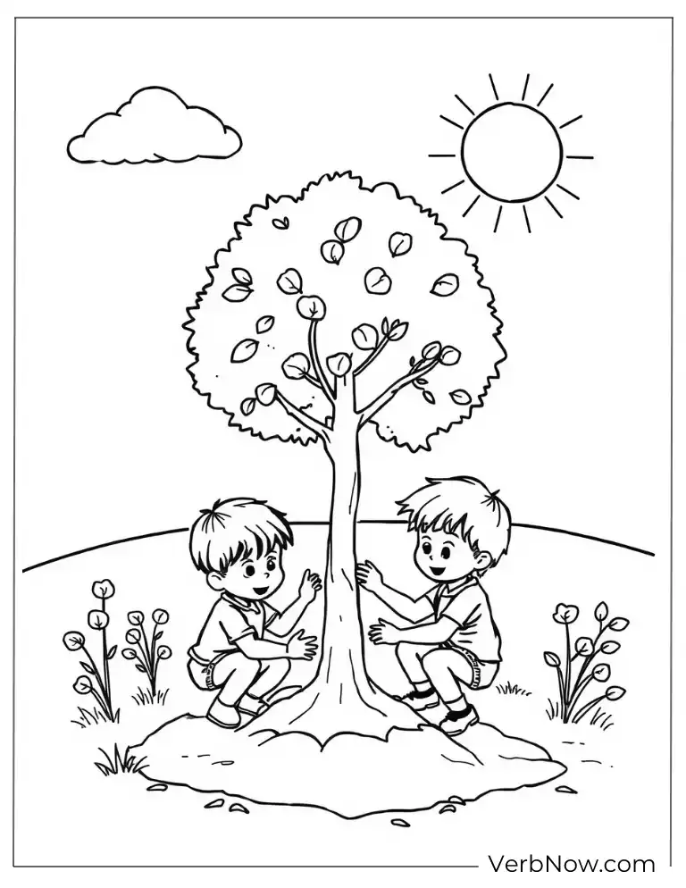 Two boys caring for a small tree under the sun arbor coloring page