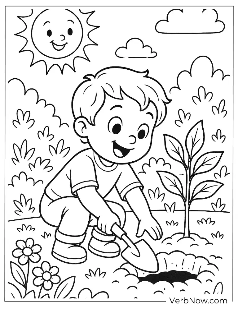 Happy boy planting a tree under the sun arbor coloring page