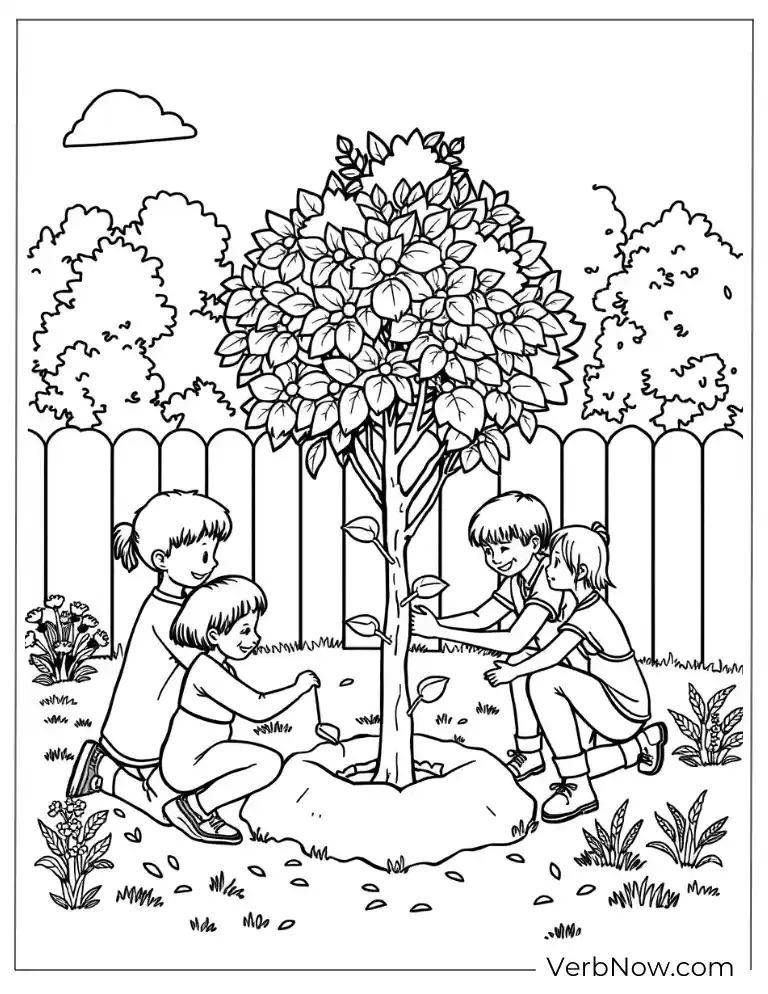 Children planting a tree together in the backyard arbor coloring page