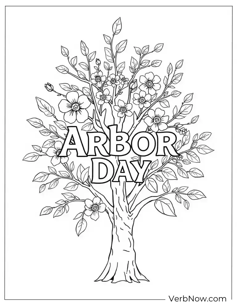 Blooming tree with Arbor Day text arbor coloring page