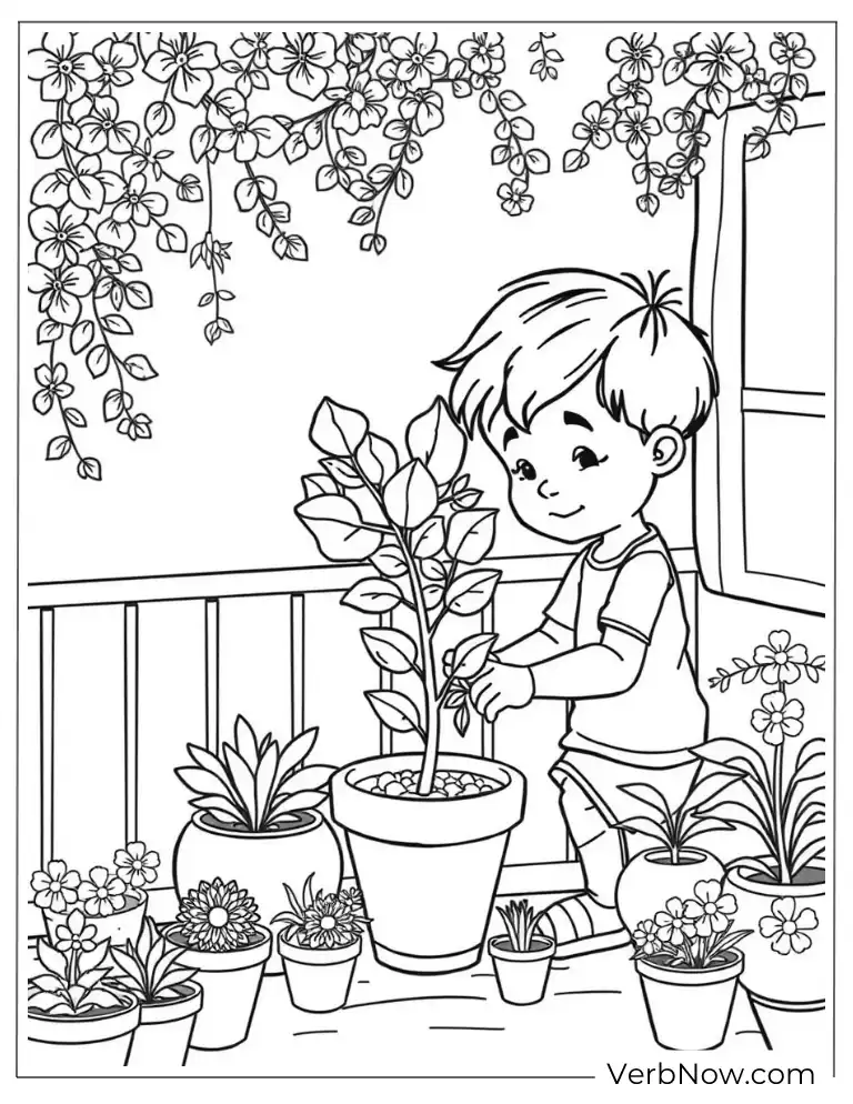 Boy watering potted plants on a balcony arbor coloring page