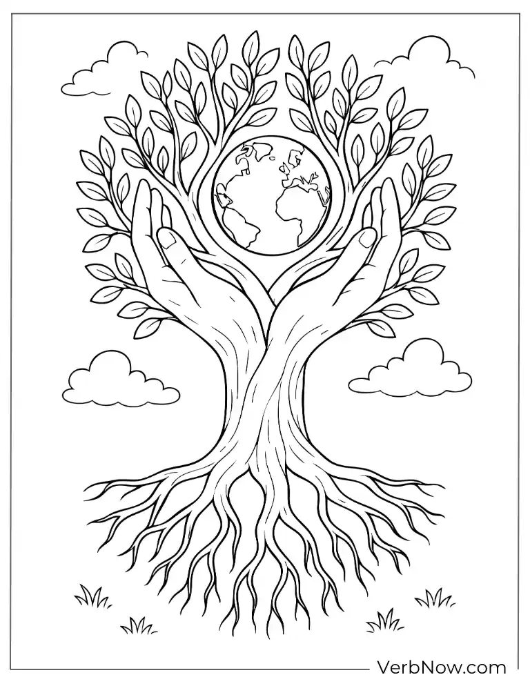 Tree with hands holding the Earth arbor coloring page