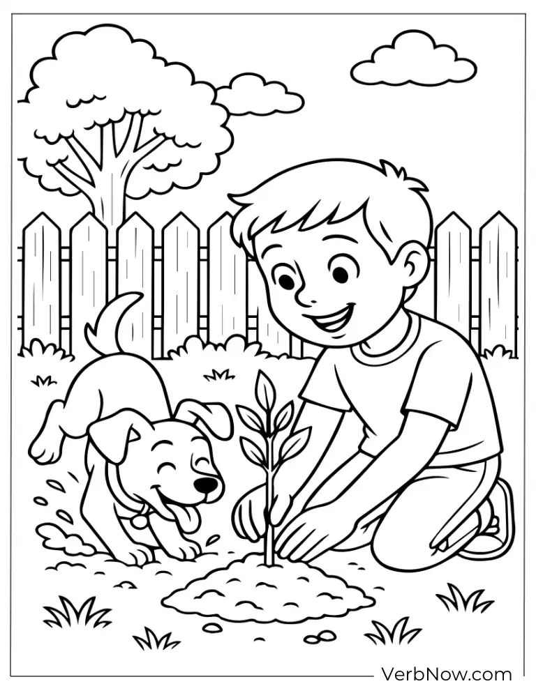 Boy planting a tree with a dog nearby arbor coloring page