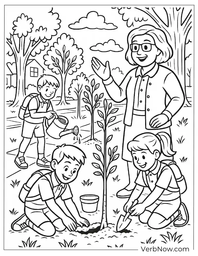 Teacher and kids planting trees together arbor coloring page