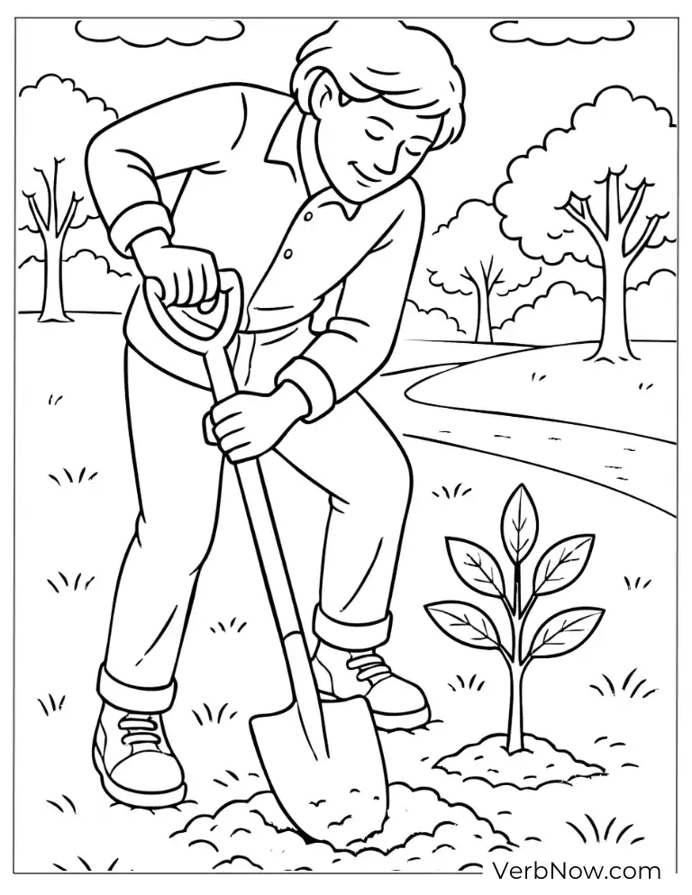 Person digging soil to plant a sapling arbor coloring page