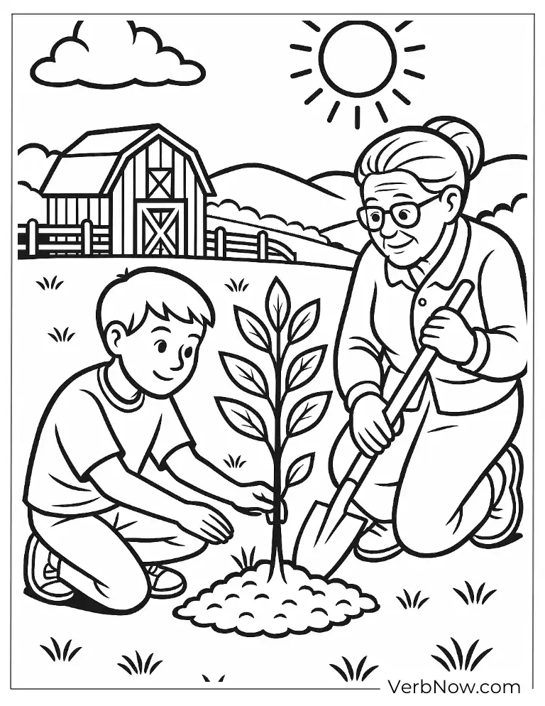 Kids and grandmother planting trees on a farm arbor coloring page