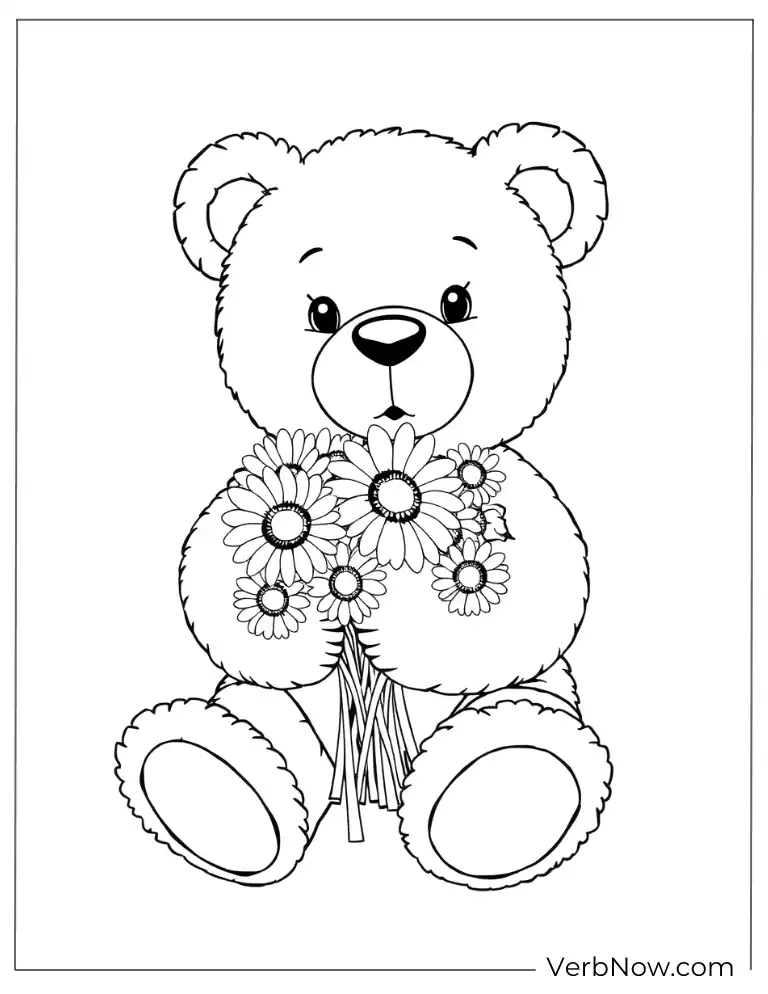 Teddy Bear with Daisies Coloring Page for Kids