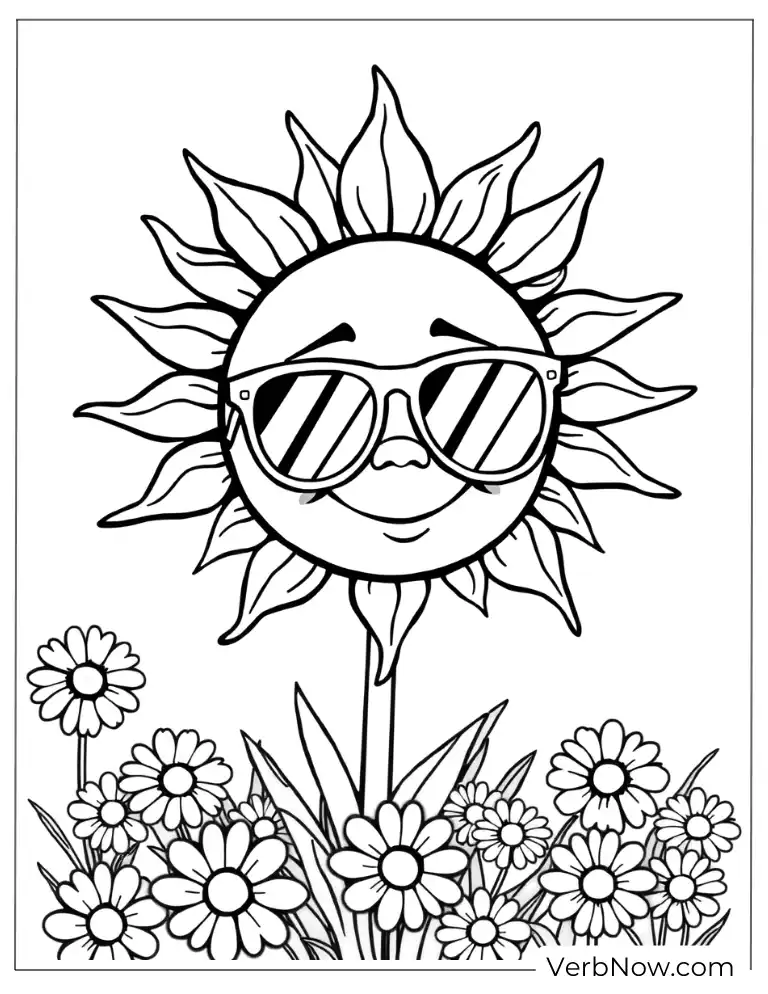 Smiling Sunflower and Daisy Coloring Page