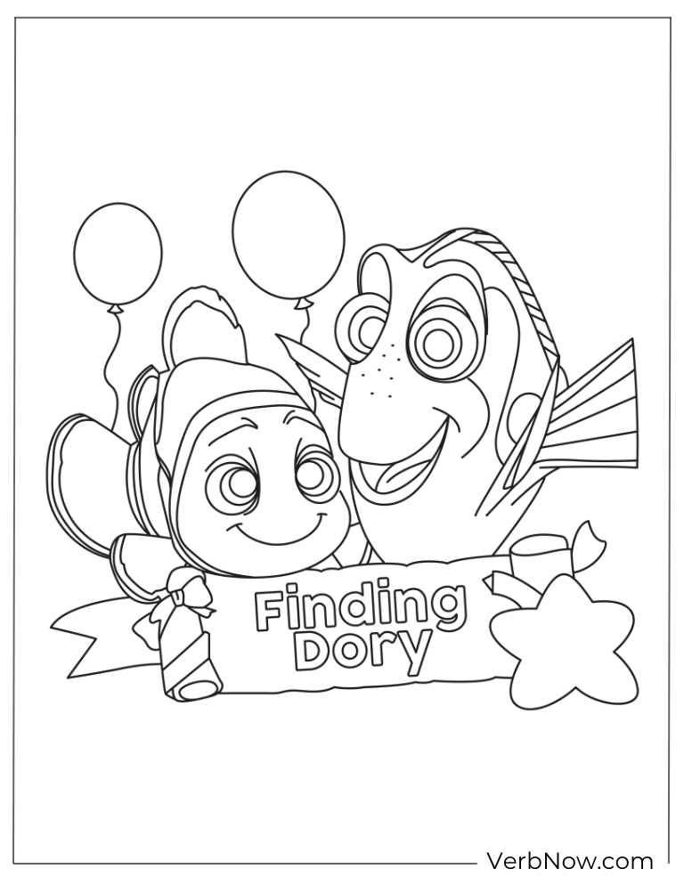 Finding Dory coloring page with balloons.