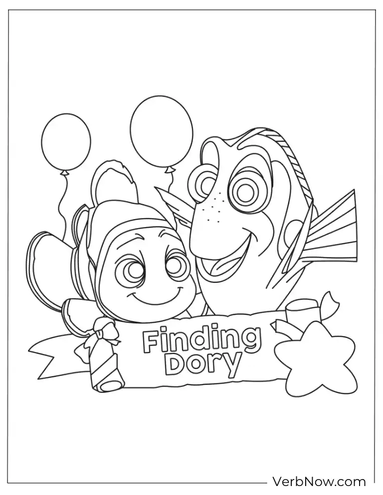 Finding Dory coloring page with balloons.