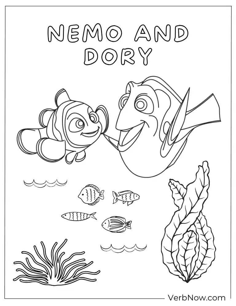 Nemo and Dory ocean scene coloring page.