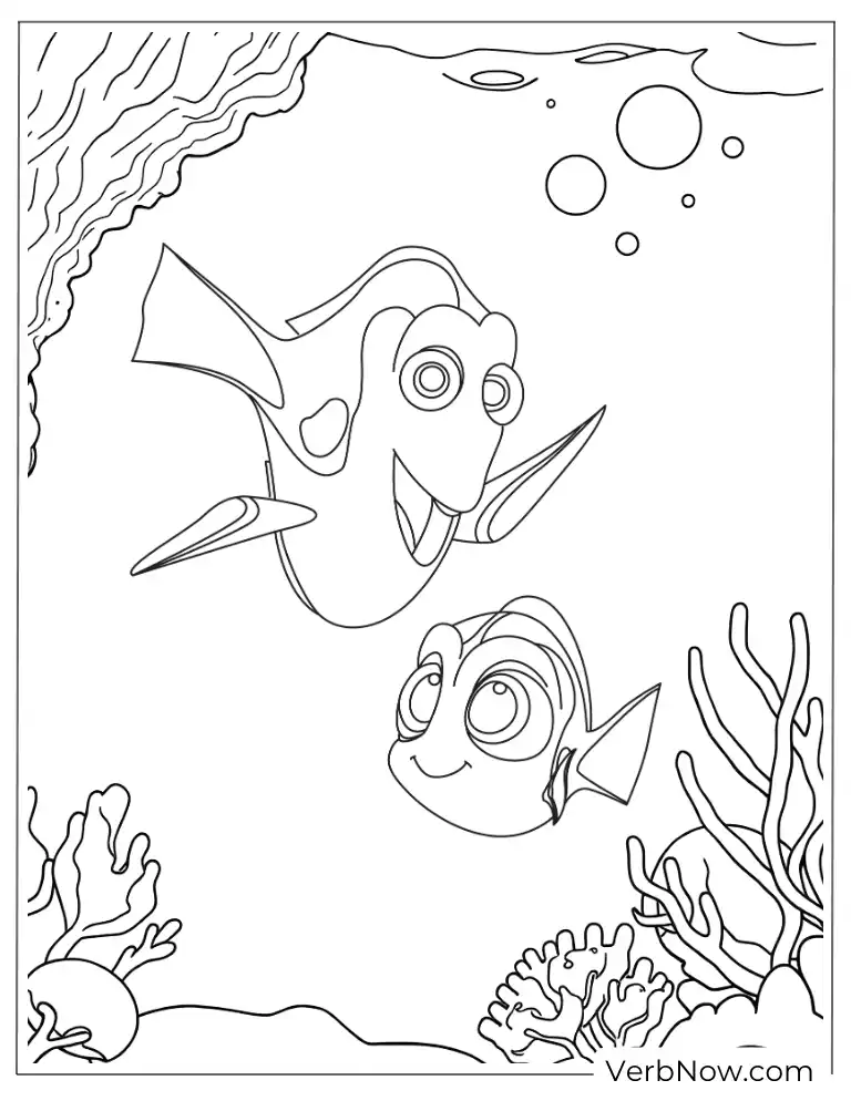 Dory and Nemo smiling with balloons coloring page.