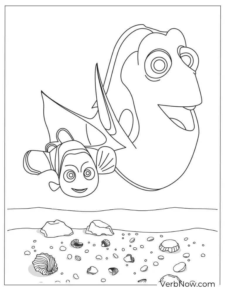 Dory and Nemo swimming in ocean coloring page.