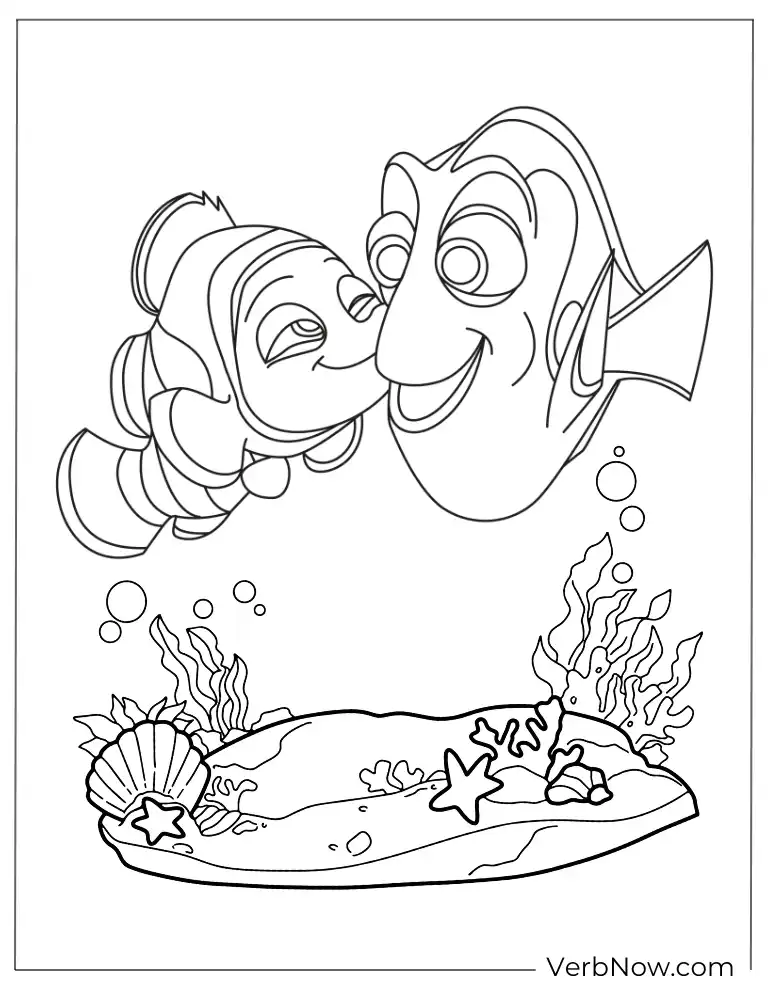 Dory and Nemo near coral coloring page.