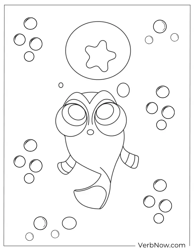 Cute Dory with bubbles coloring page.
