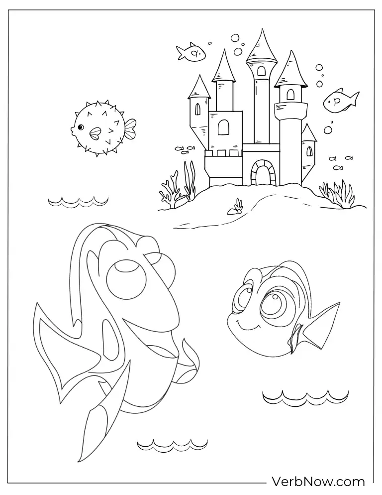 Dory and friends at castle coloring page.